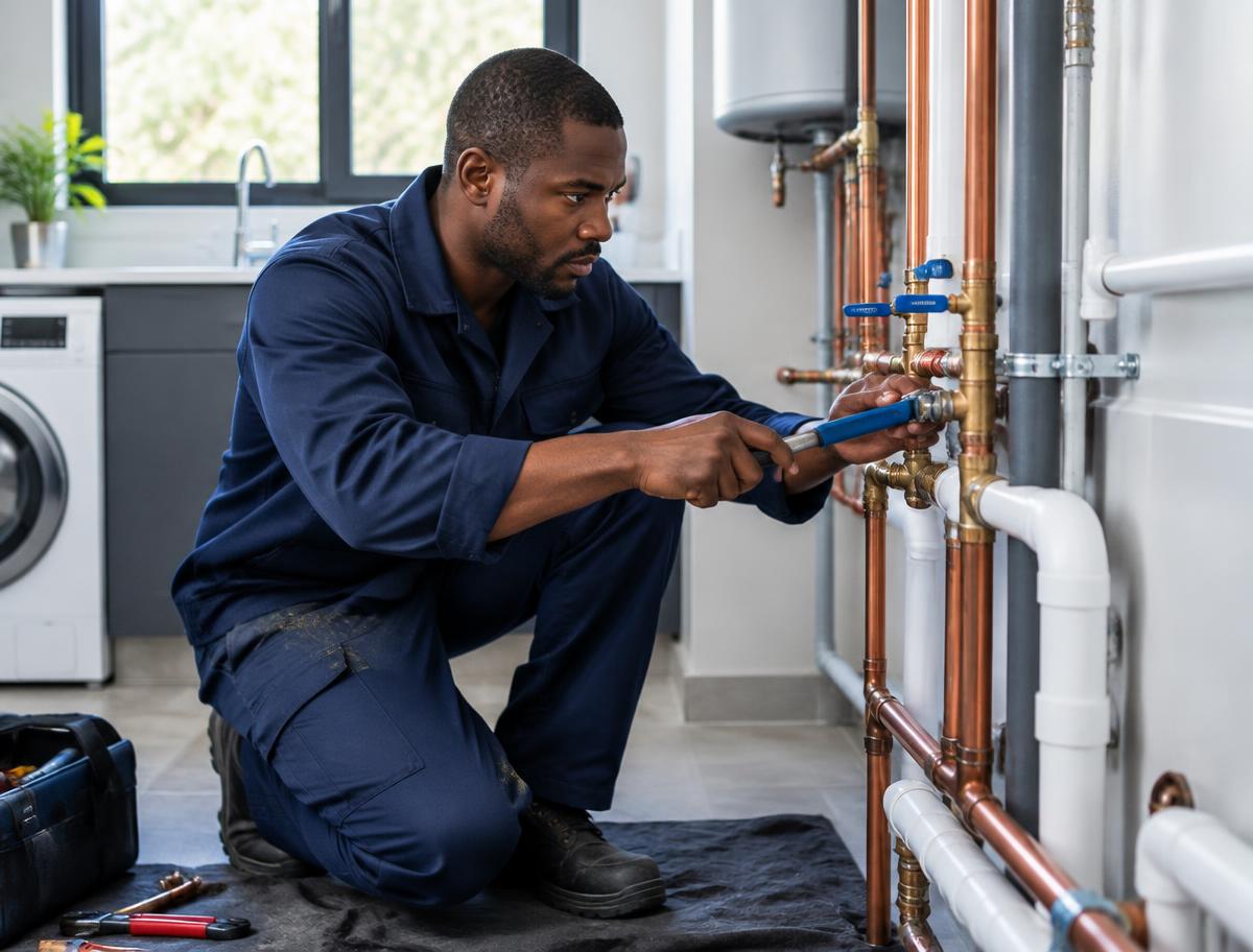 Plumber repairing residential pipework