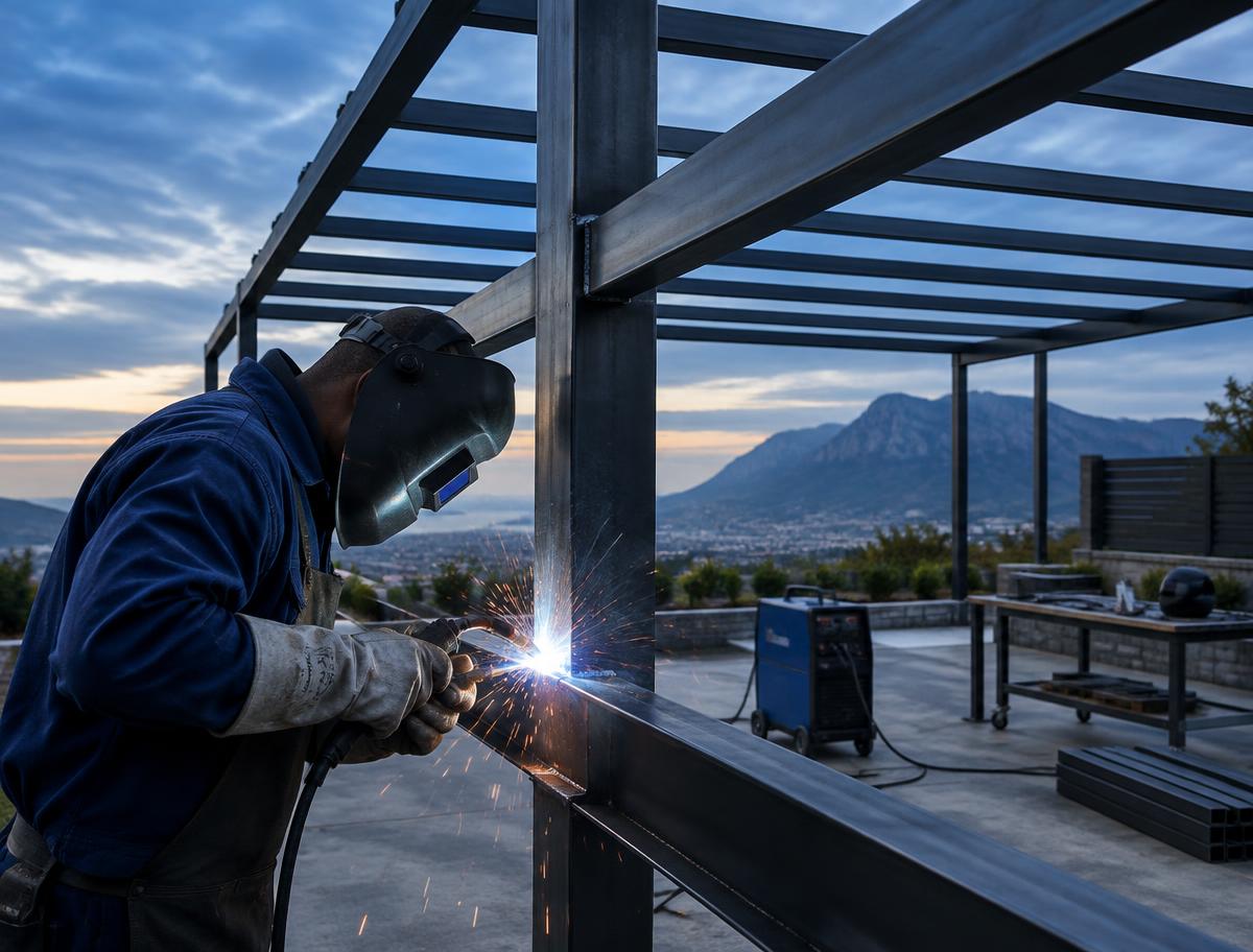 Welder fabricating a steel carport frame